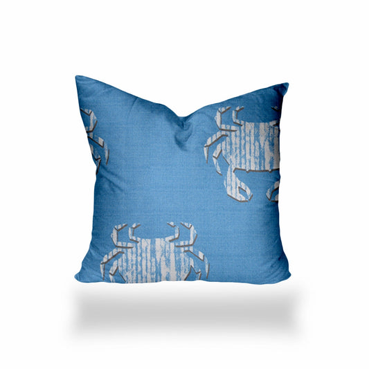 14" X 14" Blue And White Crab Blown Seam Coastal Throw Indoor Outdoor Pillow