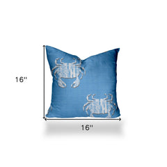 16" X 16" Blue And White Crab Enveloped Coastal Throw Indoor Outdoor Pillow - Homeroots