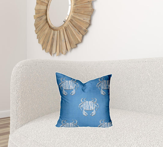 18" X 18" Blue And White Crab Enveloped Coastal Throw Indoor Outdoor Pillow - Homeroots