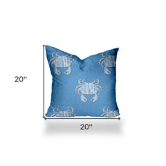 20" X 20" Blue And White Crab Blown Seam Coastal Throw Indoor Outdoor Pillow