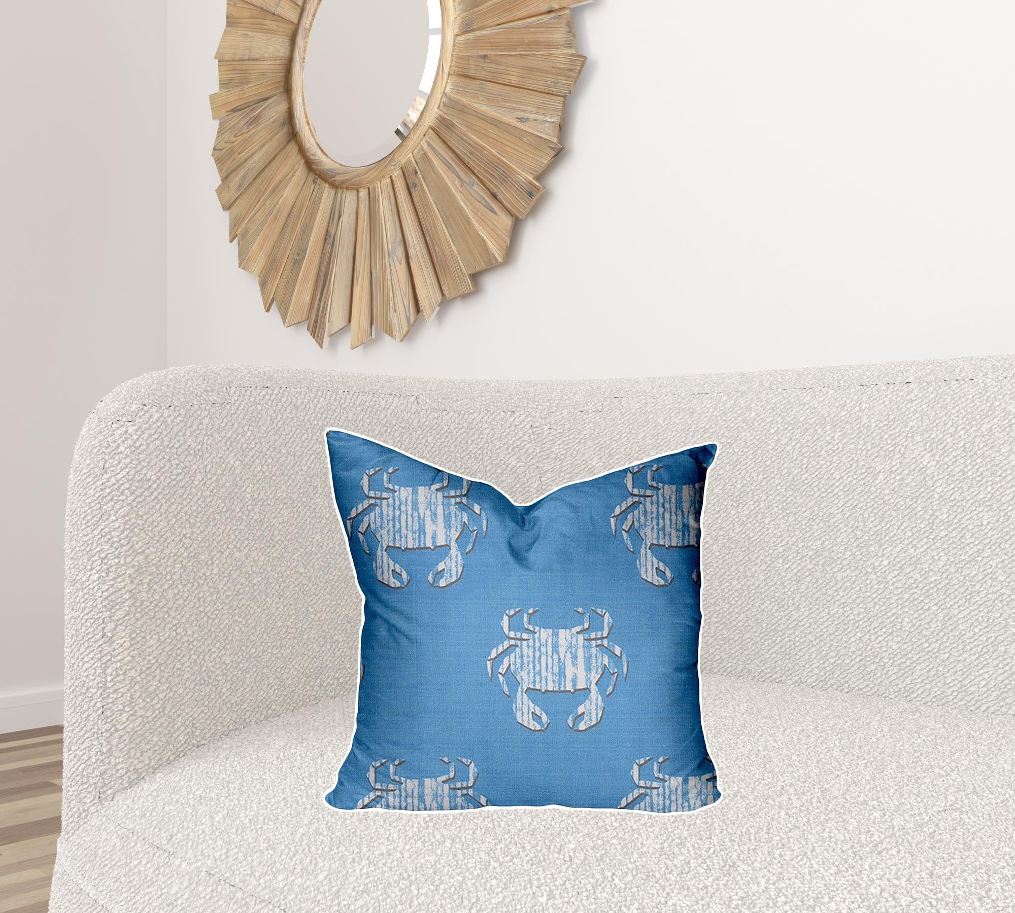 20" X 20" Blue And White Crab Blown Seam Coastal Throw Indoor Outdoor Pillow