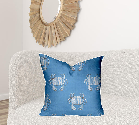 24" X 24" Blue And White Crab Enveloped Coastal Throw Indoor Outdoor Pillow