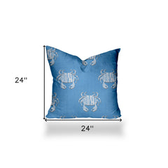 24" X 24" Blue And White Crab Blown Seam Coastal Throw Indoor Outdoor Pillow