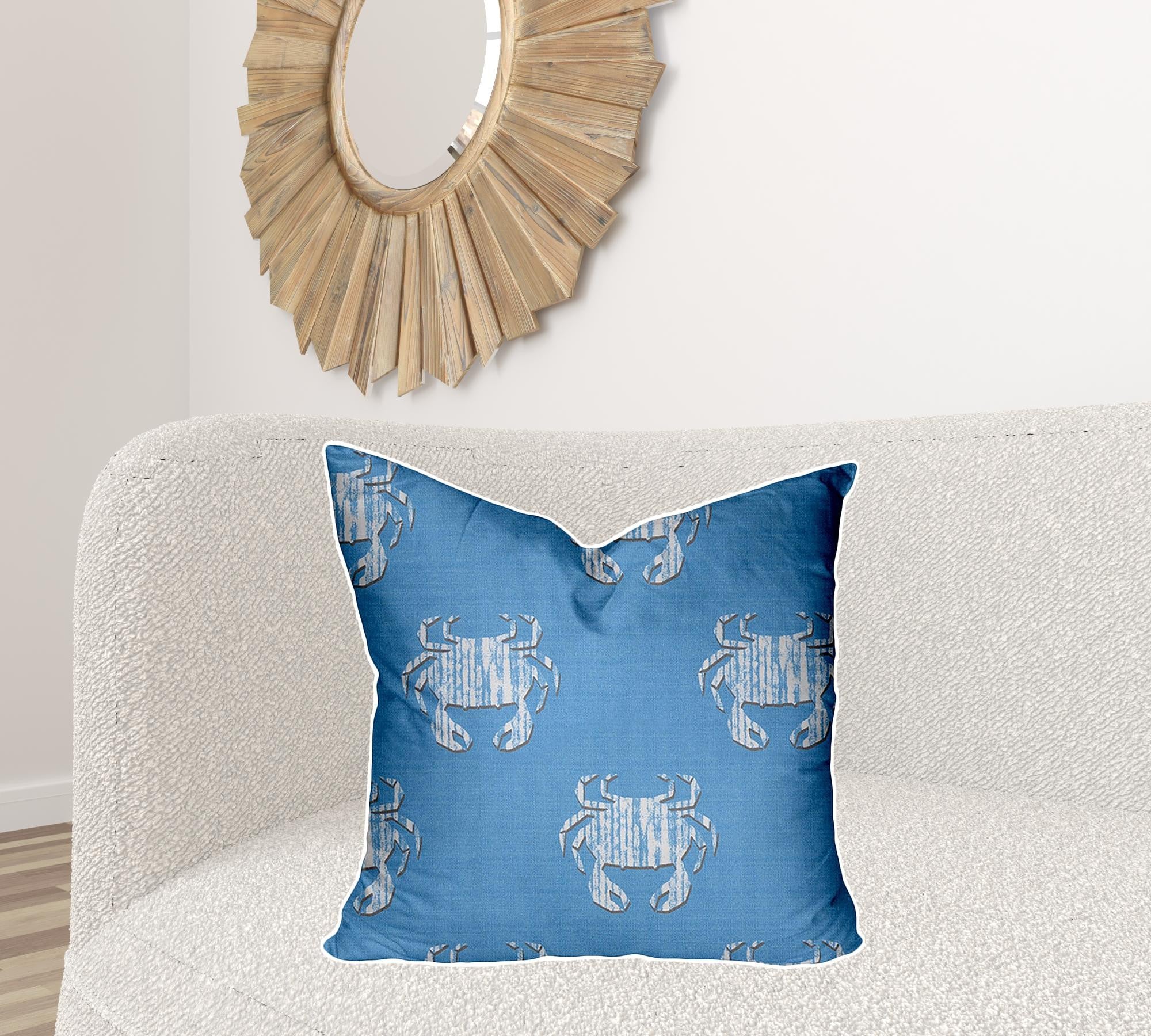 24" X 24" Blue And White Crab Blown Seam Coastal Throw Indoor Outdoor Pillow