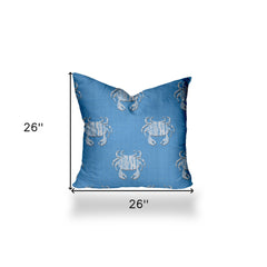 26" X 26" Blue And White Crab Enveloped Coastal Throw Indoor Outdoor Pillow