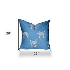 26" X 26" Blue And White Crab Zippered Coastal Throw Indoor Outdoor Pillow - Homeroots