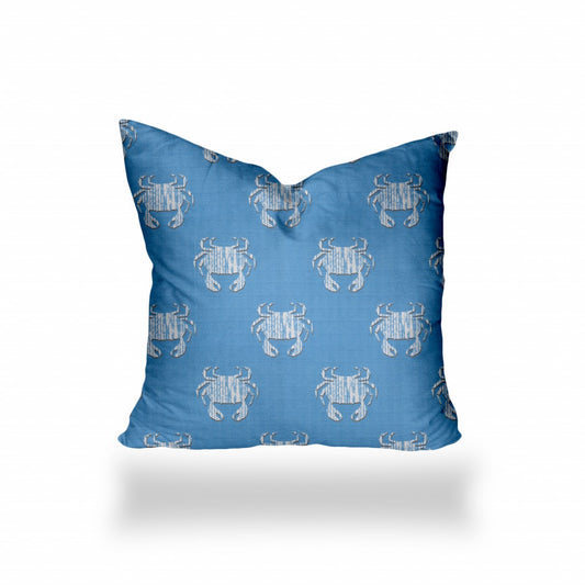 36" X 36" Blue And White Crab Enveloped Coastal Throw Indoor Outdoor Pillow