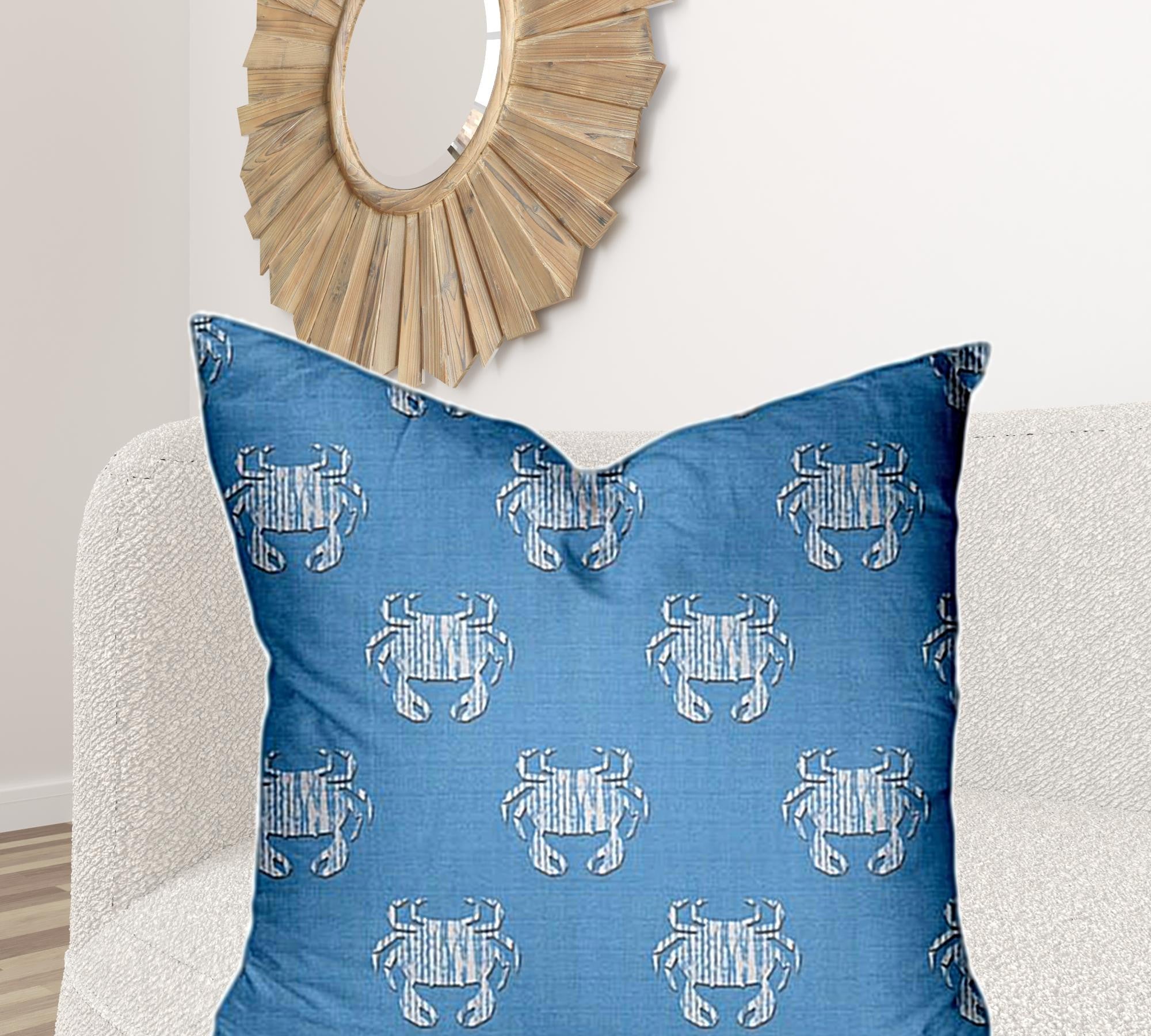 36" X 36" Blue And White Crab Zippered Coastal Throw Indoor Outdoor Pillow