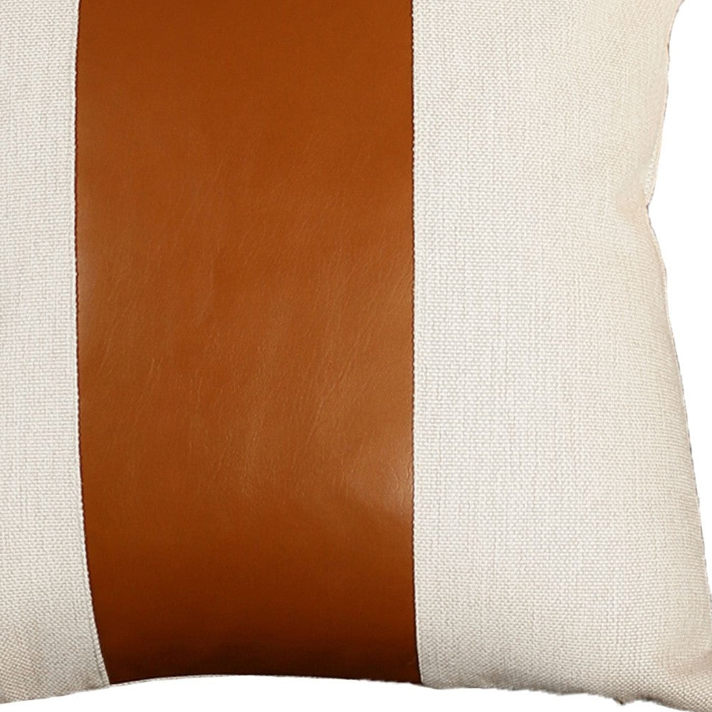 Set Of Two 17" X 17" Brown and Ivory Faux Leather Zippered Pillow Cover