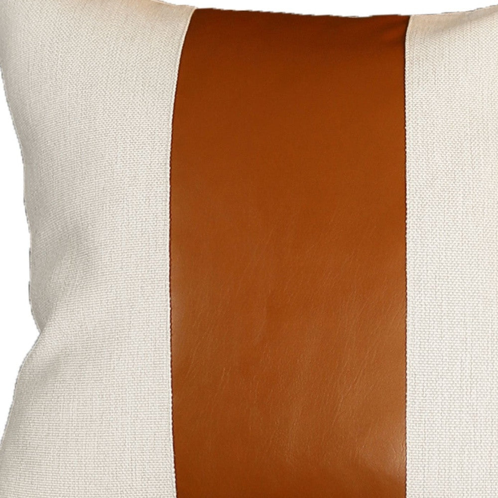 Set Of Two 18" X 18" Brown and Ivory Faux Leather Zippered Pillow