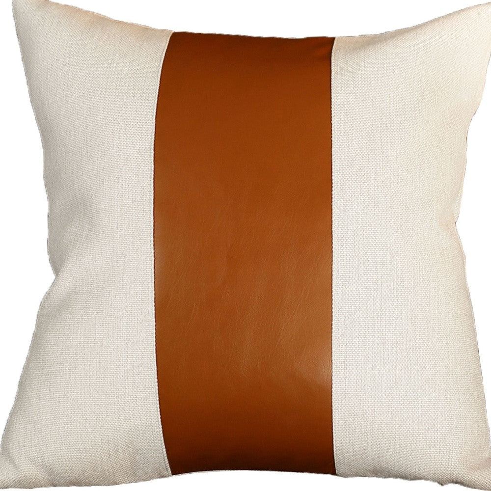 Set Of Two 18" X 18" Brown and Ivory Faux Leather Zippered Pillow