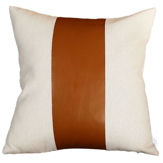 Set Of Four 18" X 18" Brown and Ivory Faux Leather Zippered Pillow