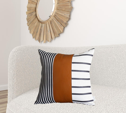 24" X 24" Brown and White Faux Leather Striped Zippered Pillow Cover