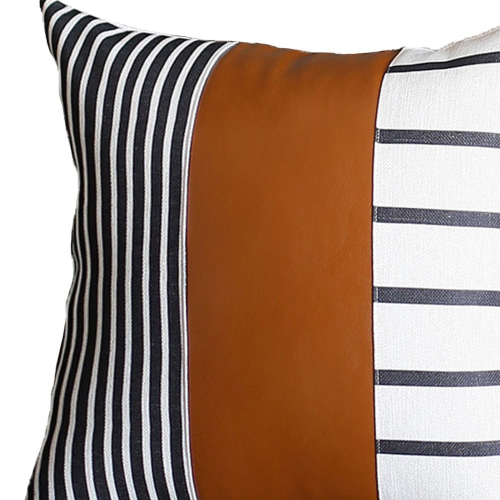 Set Of Two 17" X 17" Brown and White Faux Leather Striped Zippered Pillow Cover