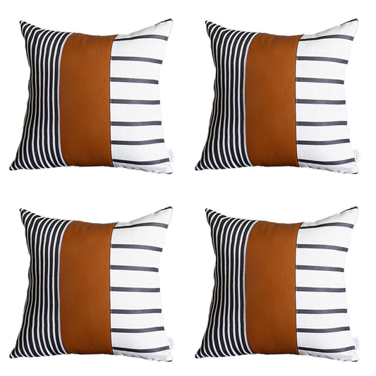 Set Of Four 20" X 20" Brown Faux Leather Striped Zippered Pillow