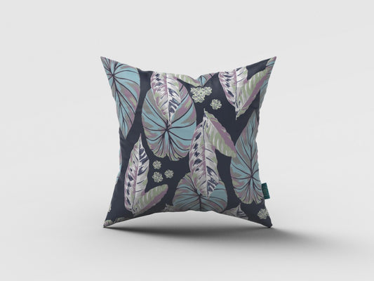 18” Blue Purple Tropical Leaf Zippered Suede Throw Pillow