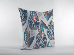 16” Blue Gray Tropical Leaf Zippered Suede Throw Pillow