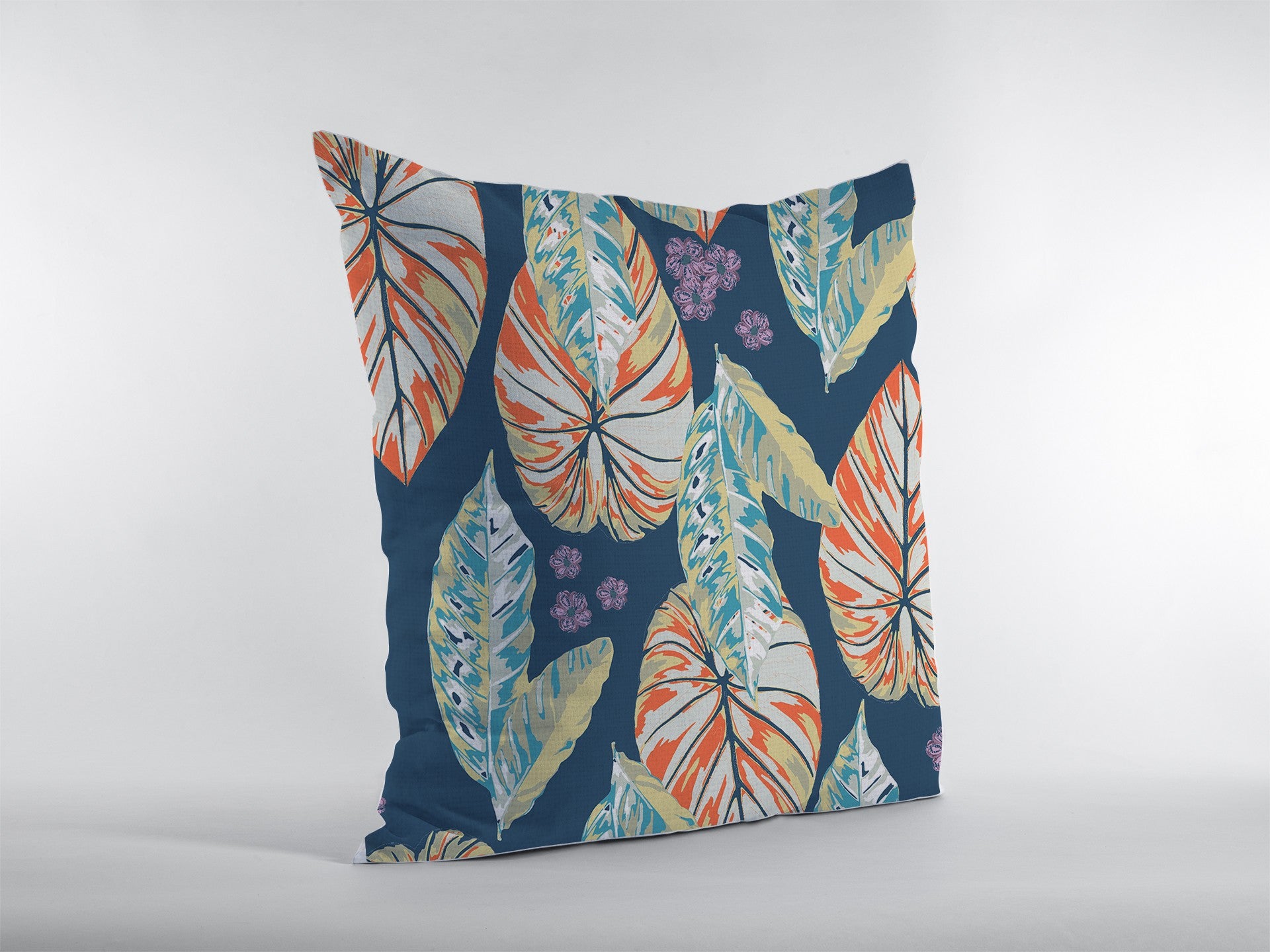 18” Orange Blue Tropical Leaf Zippered Suede Throw Pillow