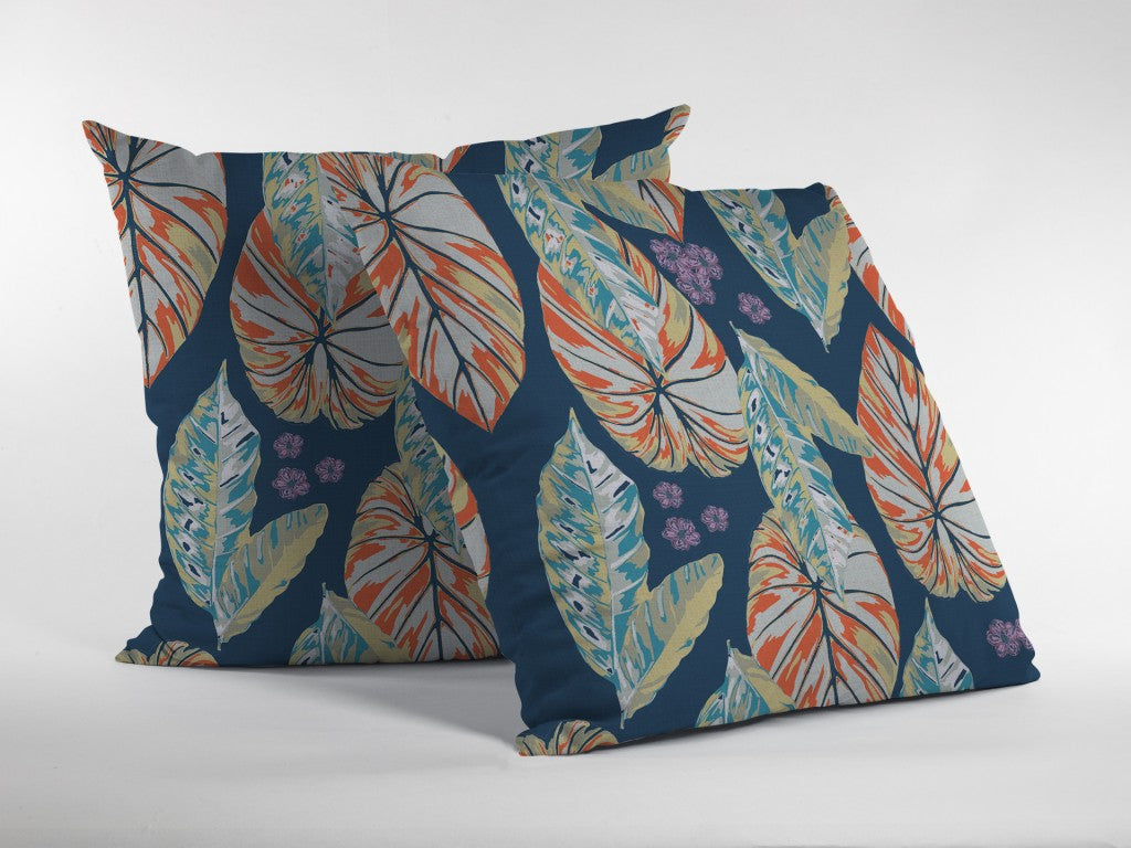 18” Orange Blue Tropical Leaf Zippered Suede Throw Pillow