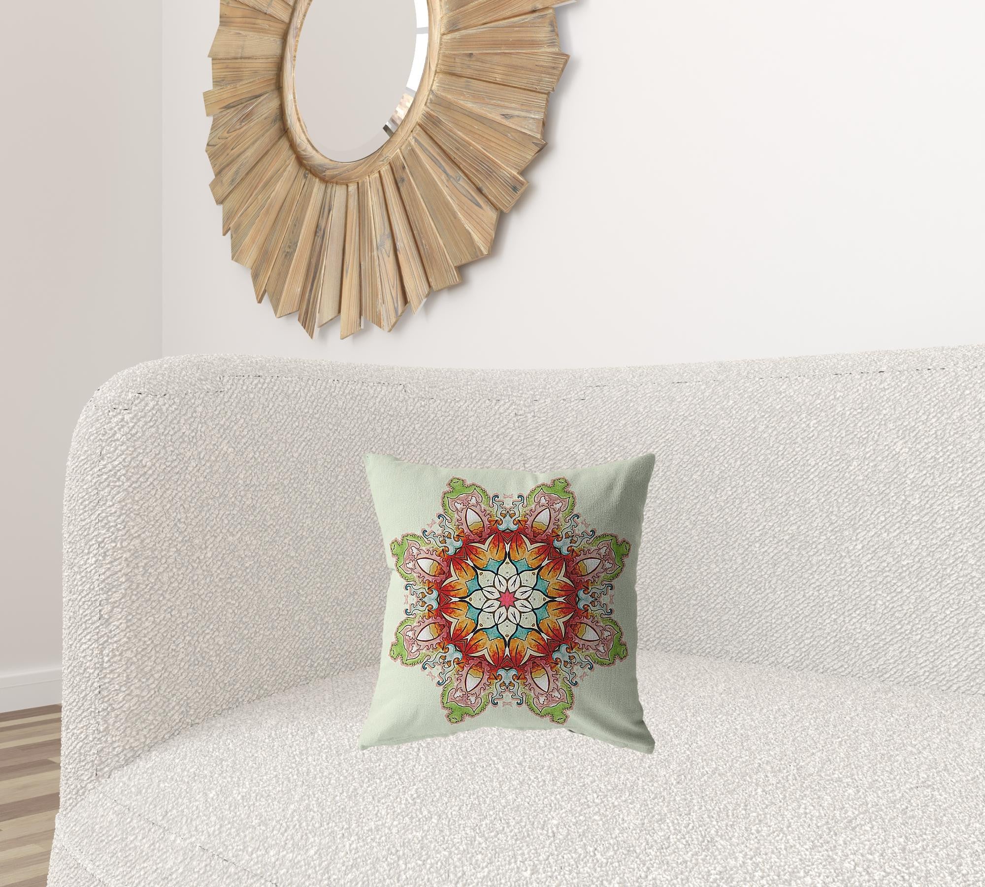 16" Orange Green Mandala Zip Suede Throw Pillow