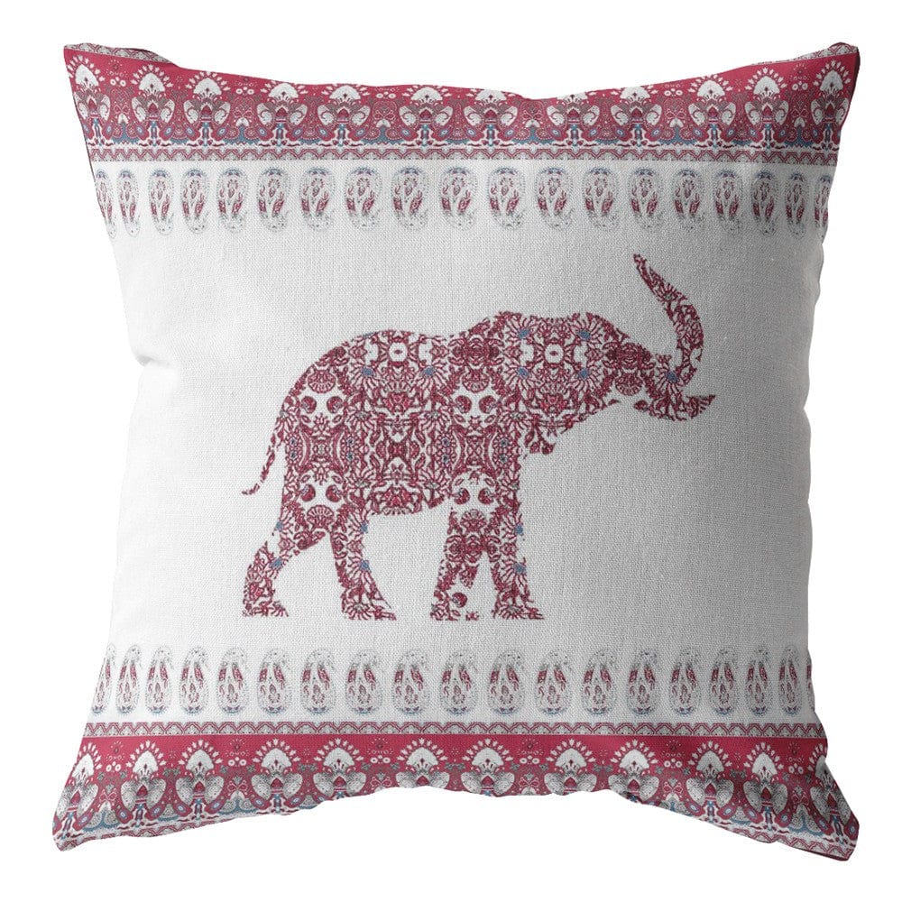 16” Red White Ornate Elephant Zippered Suede Throw Pillow - Homeroots