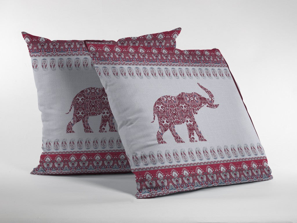 16” Red White Ornate Elephant Zippered Suede Throw Pillow