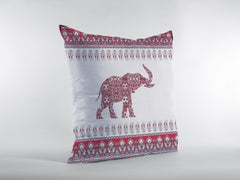 18” Red White Ornate Elephant Zippered Suede Throw Pillow