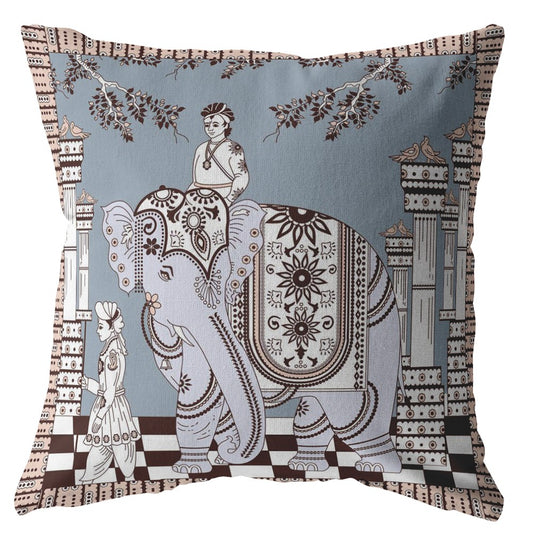 16” Blue Brown Ornate Elephant Zippered Suede Throw Pillow