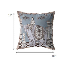 18” Blue Brown Ornate Elephant Zippered Suede Throw Pillow