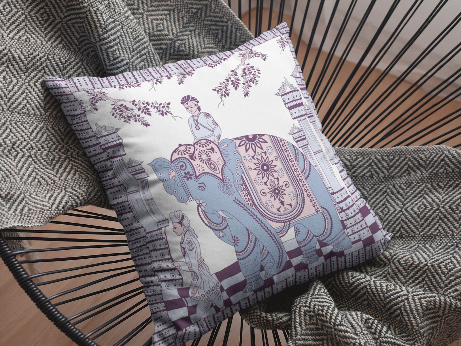 16” Blue Purple Ornate Elephant Zippered Suede Throw Pillow