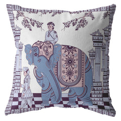 18” Blue Purple Ornate Elephant Zippered Suede Throw Pillow