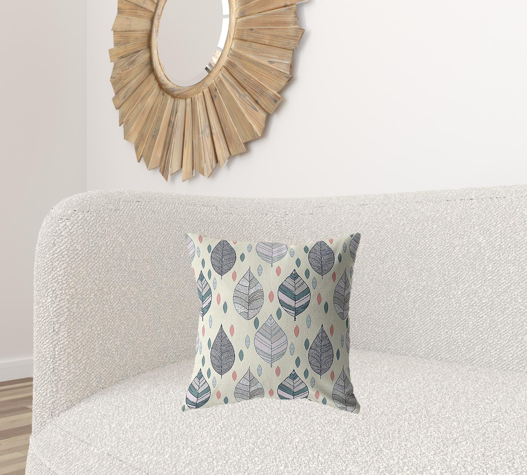 18” Cream Gray Leaves Suede Zippered Throw Pillow - Homeroots