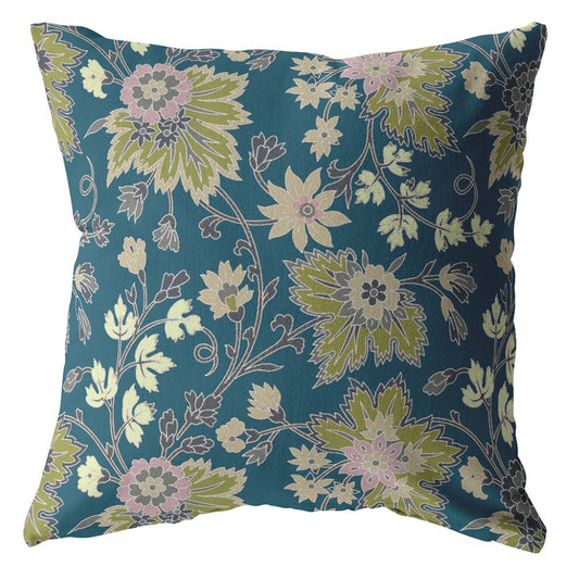 16” Teal Green Jacobean Zippered Suede Throw Pillow