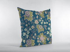 16” Teal Green Jacobean Zippered Suede Throw Pillow