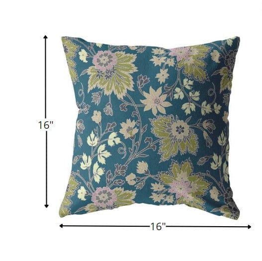 16” Teal Green Jacobean Zippered Suede Throw Pillow - Homeroots