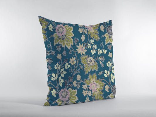 18” Teal Green Jacobean Zippered Suede Throw Pillow - Homeroots