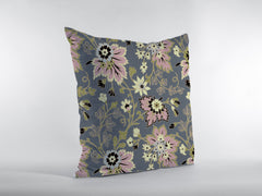 18” Gray Pink Jacobean Zippered Suede Throw Pillow