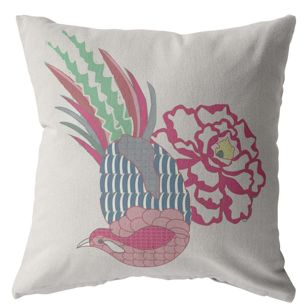 16” Pink White Peacock Zippered Suede Throw Pillow