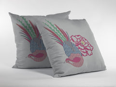 16” Pink White Peacock Zippered Suede Throw Pillow