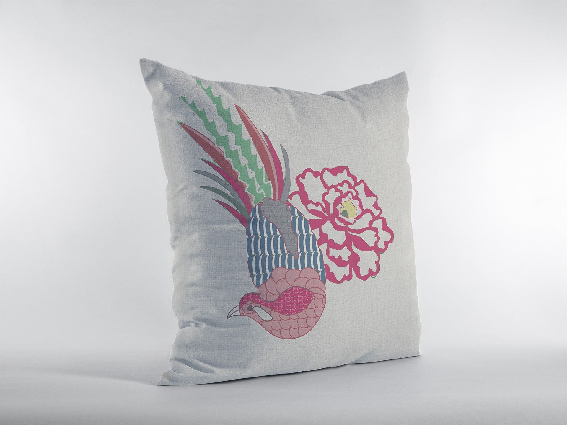 18” Pink White Peacock Zippered Suede Throw Pillow