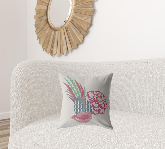 18” Pink White Peacock Zippered Suede Throw Pillow