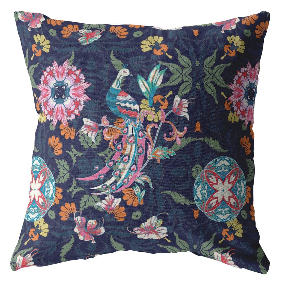 16" Navy Pink Peacock Zippered Suede Throw Pillow - Homeroots