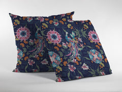 16" Navy Pink Peacock Zippered Suede Throw Pillow - Homeroots