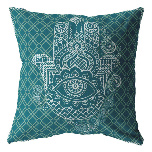 16” Teal White Hamsa Suede Zippered Throw Pillow