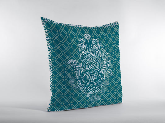 16” Teal White Hamsa Suede Zippered Throw Pillow