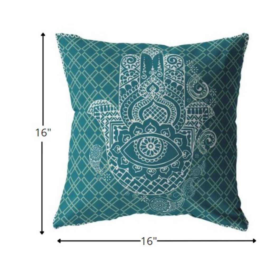 16” Teal White Hamsa Suede Zippered Throw Pillow