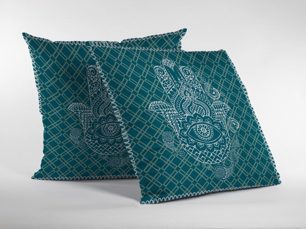 18” Teal White Hamsa Suede Zippered Throw Pillow