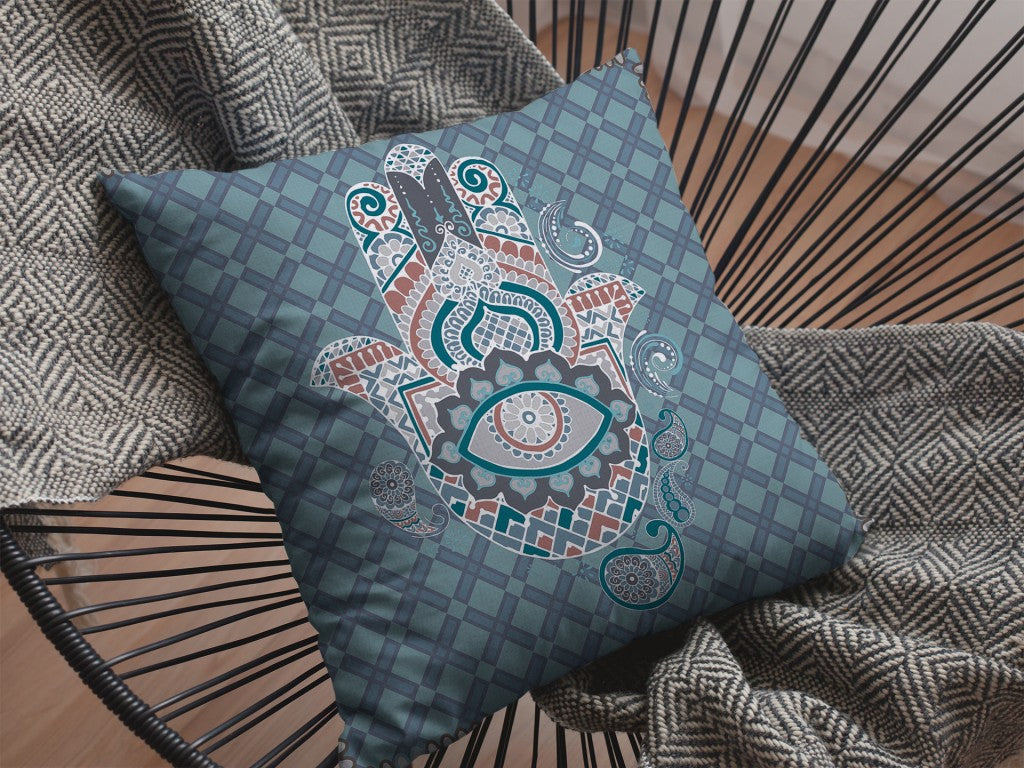 18” Slate Blue Hamsa Suede Zippered Throw Pillow