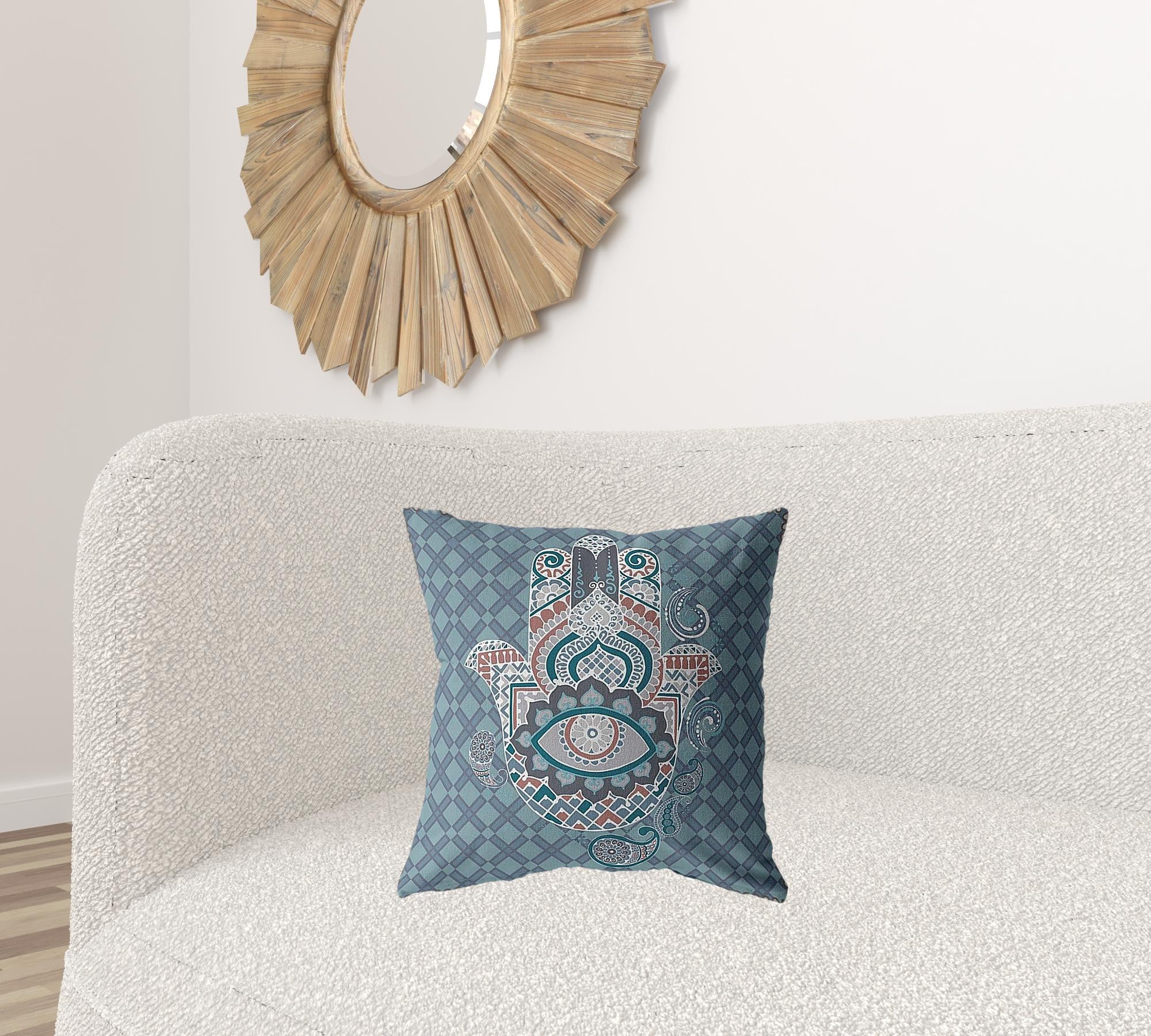 18” Slate Blue Hamsa Suede Zippered Throw Pillow