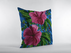 16” Pink Blue Hibiscus Zippered Suede Throw Pillow